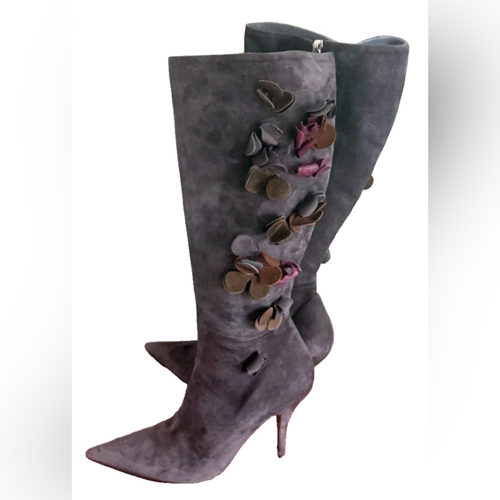 Franklin Elman Suede Boots Leather Floral Applique Gray Made In Italy 38.5/ 8.5